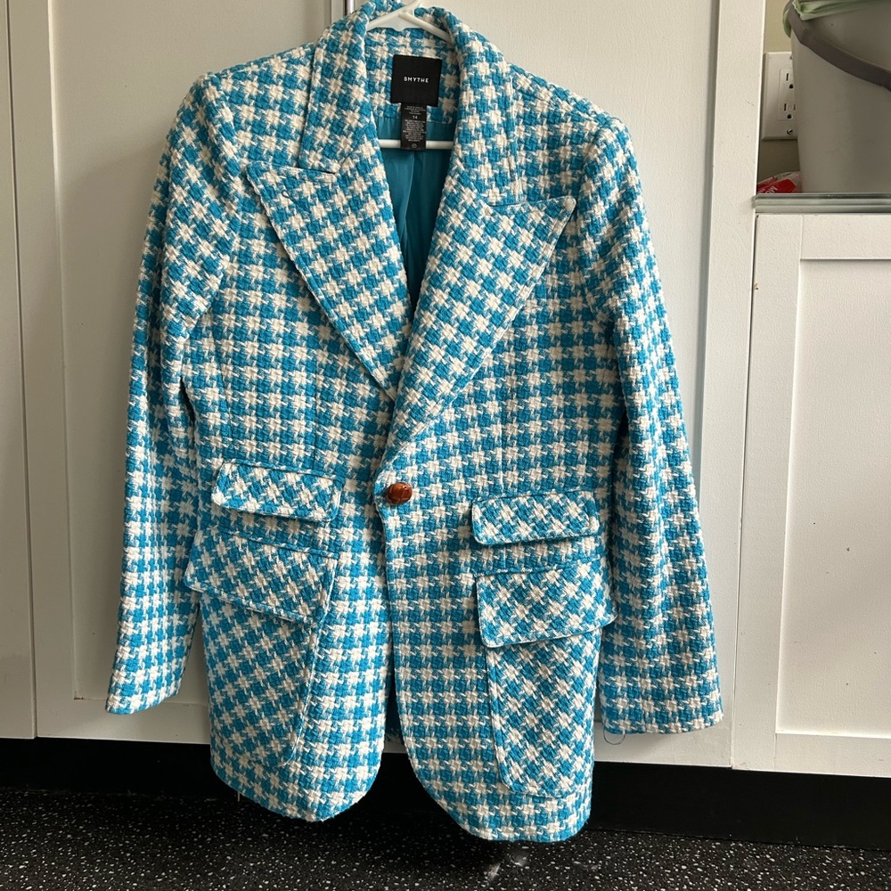 Smythe Teal and White Houndstooth Blazer